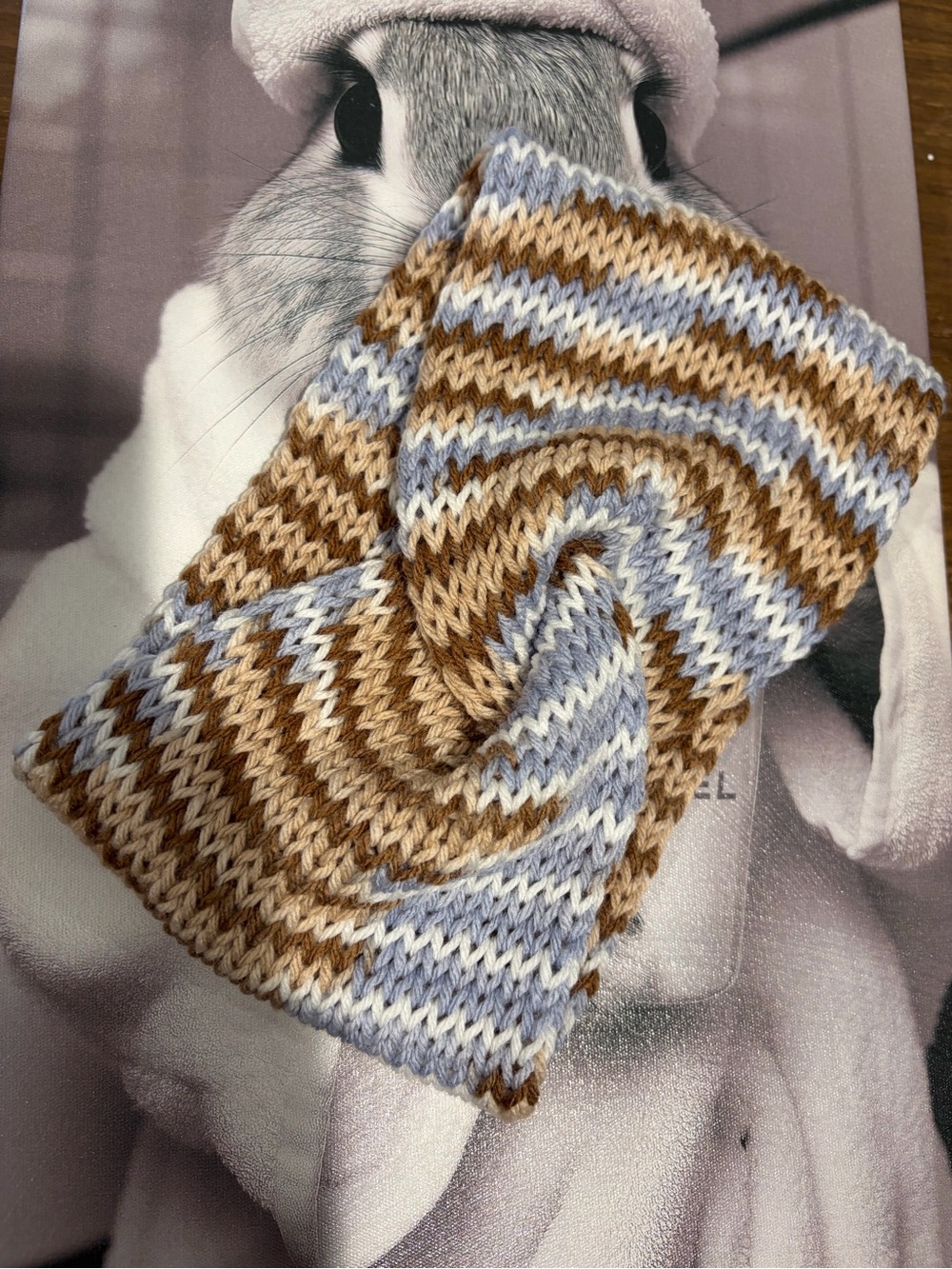 Handmade Knit Twist Front Ear Warmer Blue Brown Cream Headband - Picture 4 of 5